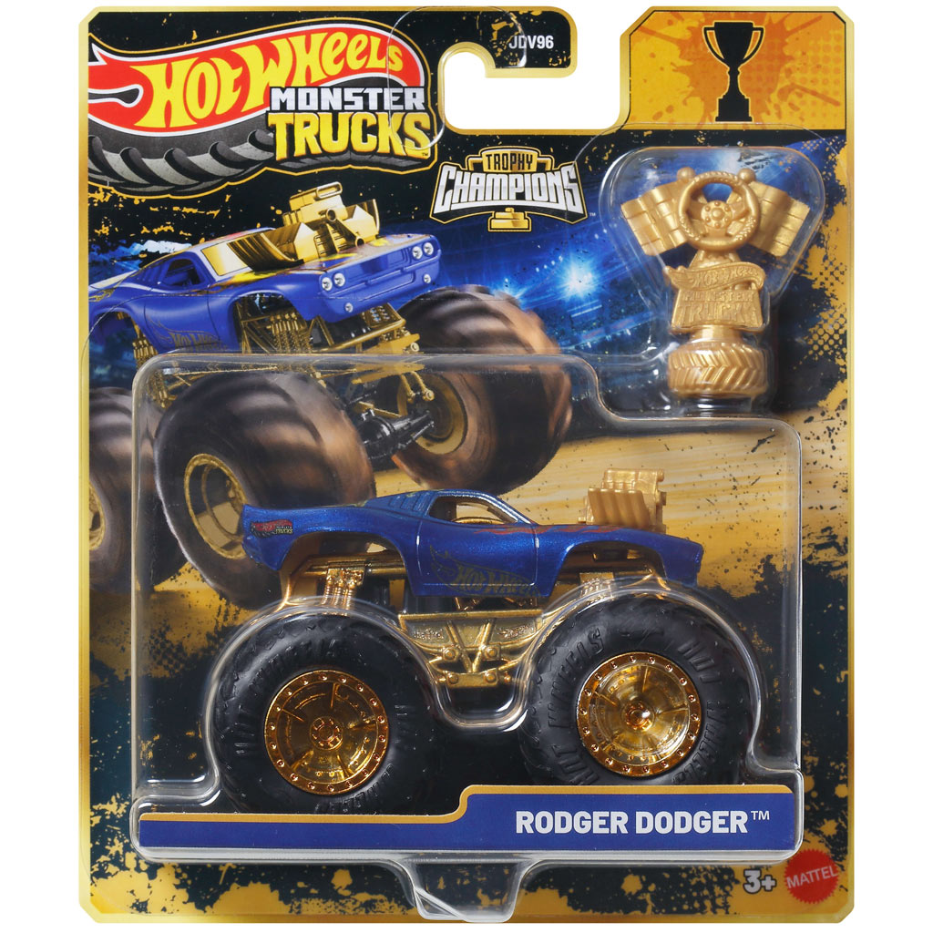 Hot Wheels Monster Trucks: Rodger Dodger šampión monster autíčko s trofejou 1/64 - Mattel kép 1