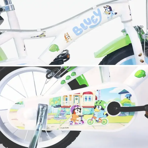 Detský bicykel Bluey 14” s držiakom na fľašu a bočnými kolieskami v bielo-modro-zelenej farbe – bicykel Dino Bikes obrázok 3