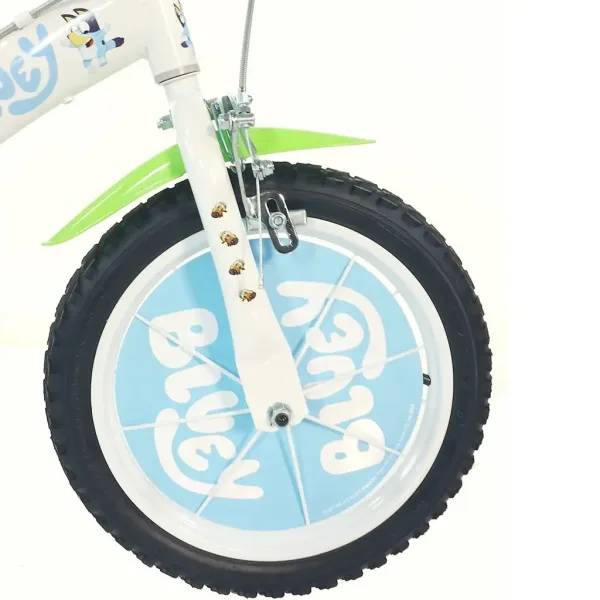 Detský bicykel Bluey 14” s držiakom na fľašu a bočnými kolieskami v bielo-modro-zelenej farbe – bicykel Dino Bikes obrázok 4