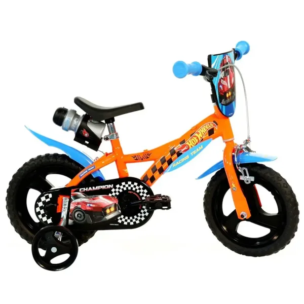 Hot Wheels 12” detský bicykel s držiakom na fľašu a pomocnými kolieskami v oranžovo-čiernej farbe – bicykel Dino Bikes obrázok 1