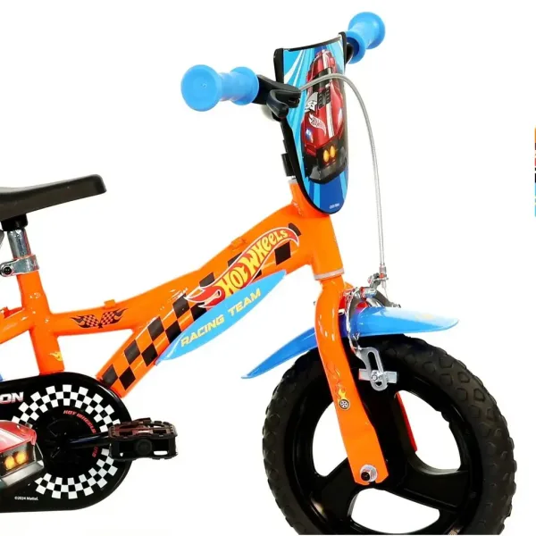 Hot Wheels 12” detský bicykel s držiakom na fľašu a pomocnými kolieskami v oranžovo-čiernej farbe – bicykel Dino Bikes obrázok 3