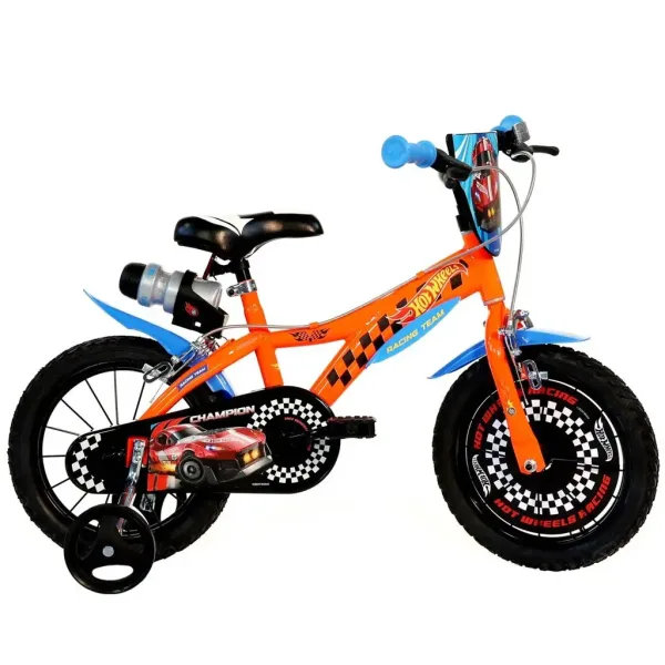 Hot Wheels 14" detský bicykel s držiakom na fľašu a pomocnými kolieskami v oranžovo-čiernej farbe – bicykel Dino Bikes obrázok 1