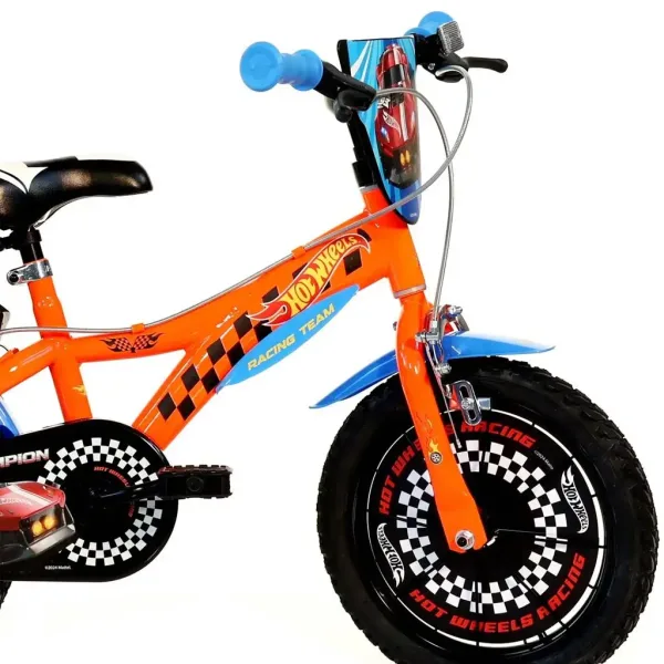 Hot Wheels 14" detský bicykel s držiakom na fľašu a pomocnými kolieskami v oranžovo-čiernej farbe – bicykel Dino Bikes obrázok 3