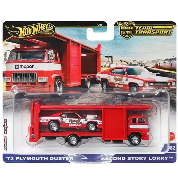 Hot Wheels: Second Story Lorry prémiový autotransportér a 73 Plymouth Duster autíčko 1/64 – Mattel obrázok 1