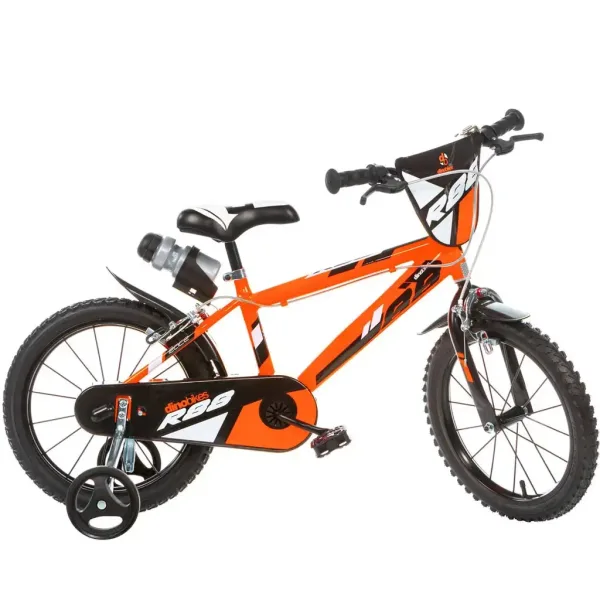 R88 14” detský bicykel s držiakom na fľašu a pomocnými kolieskami v oranžovo-čiernej farbe – bicykel Dino Bikes obrázok 1