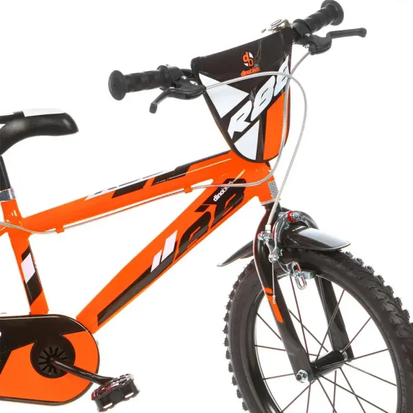 R88 14” detský bicykel s držiakom na fľašu a pomocnými kolieskami v oranžovo-čiernej farbe – bicykel Dino Bikes obrázok 3