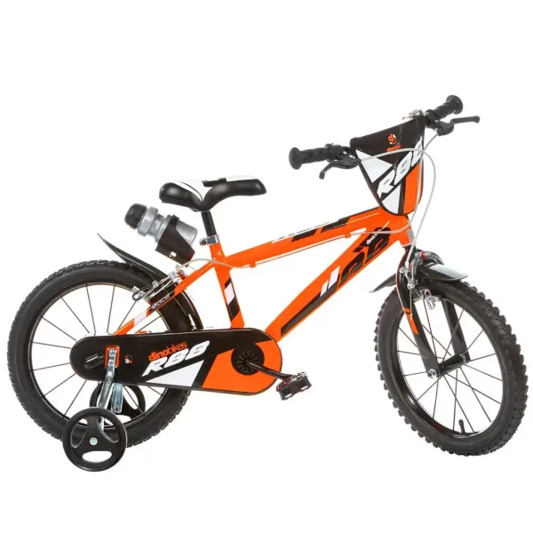 R88 16” detský bicykel s držiakom na fľašu a bočnými kolieskami v oranžovo-čiernej farbe – bicykel Dino Bikes obrázok 1