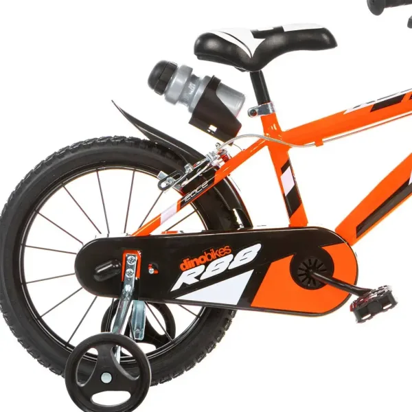 R88 16” detský bicykel s držiakom na fľašu a bočnými kolieskami v oranžovo-čiernej farbe – bicykel Dino Bikes obrázok 2