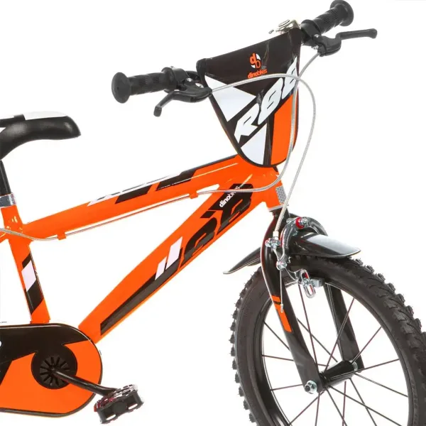 R88 16” detský bicykel s držiakom na fľašu a bočnými kolieskami v oranžovo-čiernej farbe – bicykel Dino Bikes obrázok 3