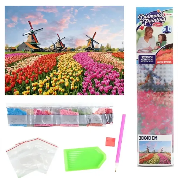 Diamantové puzzle: Holandské tulipánové pole diamantové maľovanie set 30x40cm obrázok 2