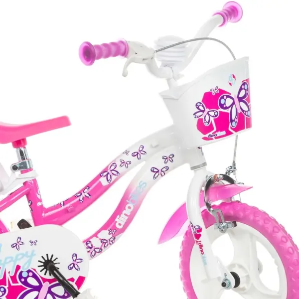 Flappy 12” detský bicykel s košíkom a sedačkou pre bábiku v ružovo-bielej farbe - bicykel Dino Bikes obrázok 3