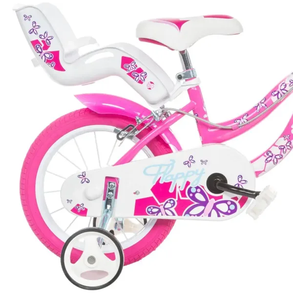 Flappy 14” detský bicykel s košíkom a sedačkou pre bábiku v ružovo-bielej farbe – bicykel Dino Bikes obrázok 2