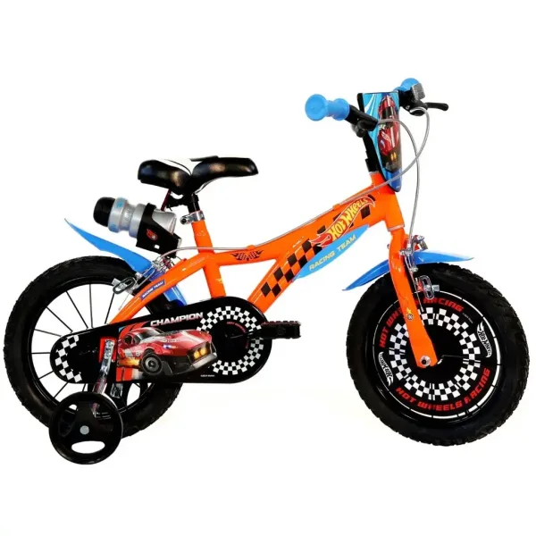 Hot Wheels 16” detský bicykel s držiakom na fľašu a bočnými kolesami v oranžovo-čiernej farbe – Dino Bikes bicykel obrázok 1