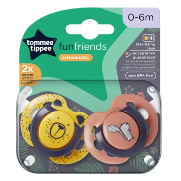 Tommee Tippee: FunFriends súprava ortodontických cumlíkov 2 ks v rôznych variantoch (0–6 mesiacov)