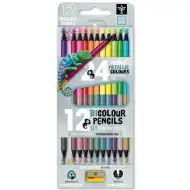 Ars Una: 12/24-kusová neon-metalická bicolorová trojhranná súprava farebných ceruziek s orezávatkom