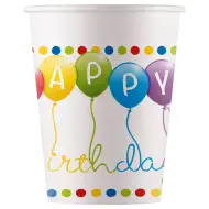 Farebné balónikové narodeninové papierové poháre s nápisom "Happy Birthday" 200 ml, sada 8 ks.