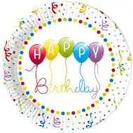 Farebný narodeninový papierový tanier s nápisom „Happy Birthday“, sada 8 ks.
