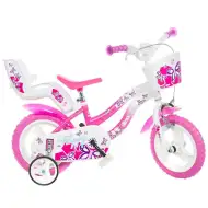 Flappy 12” detský bicykel s košíkom a sedadlom pre bábiku v ružovo-bielej farbe - Dino Bikes bicykel