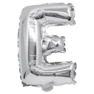 Fóliový balónik v tvare písmena E v striebornej farbe – písmeno E 32 cm