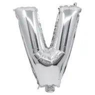 Fóliový balónik v tvare písmena V striebornej farby – písmeno V 32 cm