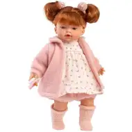 Llorens: Lea, 33 cm vysoká plačúca bábika s červenými vlasmi, cumlíkom a ružovým kabátikom.