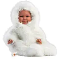 Llorens: Luka 45 cm vysoká usmievavá bábika s cumlíkom v bielom zamatovom kabáte.