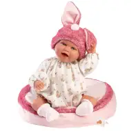 Llorens: Mimi 42 cm vysoká usmievavá bábika s ružovou čiapkou s uškami zajačika a vankúšom.