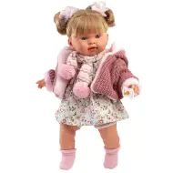 Llorens: Plačúca bábika Alexandra s cumlíkom, 42 cm, v ružovom pletenom kabátiku a kvetinovej sukni.