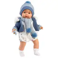 Llorens: Sasha 38 cm plačúca bábika s cumlíkom v modrom kabáte s brmbolcovým šálom