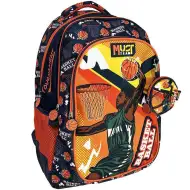 Luna: Must Team basketbalový vzor oranžovo-modrý zaoblený školský batoh s tromi priehradkami, 32x18x43cm