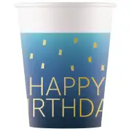 Modrá papierová pohár s nápisom "Happy Birthday", 8-dielna sada, 200 ml