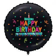 Narodeninový fóliový balón – s nápisom „Happy Birthday“, s tortou a konfetami, na čiernom pozadí, 46 cm