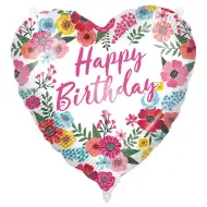 Narodeninový fóliový balón – s nápisom „Happy Birthday“, v tvare srdca, s kvetinovým vzorom, 46 cm