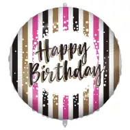 Narodeninový fóliový balón – s nápisom „Happy Birthday“, zlatá-čierna-ružová pruhovaná dizajn 46 cm