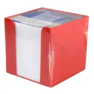 Poznámkový blok v červenom držiaku, 750 listov, 9x9x9 cm