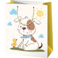 Priateľstvo psa a kurčaťa ako vzor na veľkej exkluzívnej darčekovej taške s rozmermi 27x14x33cm