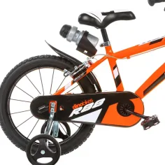 R88 14” detský bicykel s držiakom na fľašu a pomocnými kolieskami v oranžovo-čiernej farbe – bicykel Dino Bikes obrázok 2