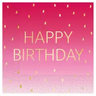 Ružové narodeninové dvojvrstvové papierové servítky s nápisom "Happy Birthday", balenie 20 ks.