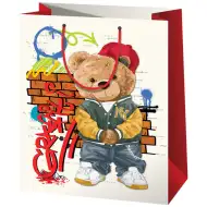 Stredne veľká darčeková taška s medveďom v čiapke 18x10x23cm