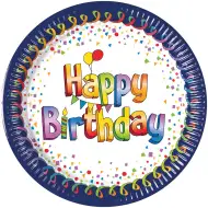 Veselá modro-biela narodeninová papierová tanierová súprava s nápisom „Happy Birthday“, 8 ks