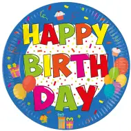 Veselé farebné narodeninové papierové taniere s nápisom "Happy Birthday", 8 ks sada.