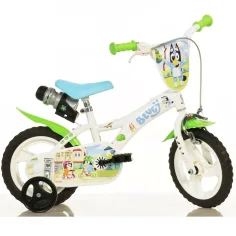 Bluey 12” detský bicykel s držiakom na fľašu a bočnými kolesami v bielej-modrej-zelenej farbe – Dino Bikes bicykel
