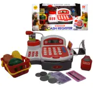 Červená elektrická pokladňa s hracími peniazmi, produktmi a zvukom