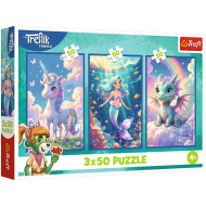 Farebný rozprávkový svet – 3 x 50-dielne puzzle s jednorožcom, morskou pannou a drakom – Trefl