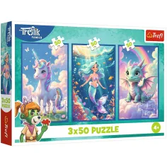 Farebný rozprávkový svet – 3 x 50 ks puzzle s jednorožcom, morskou pannou a drakom – Trefl
