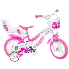 Flappy 12” detský bicykel s košíkom a detským sedadlom v ružovo-bielej farbe - Dino Bikes bicykel
