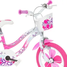 Flappy 14” detský bicykel s košíkom a sedačkou pre bábiku v ružovo-bielej farbe – bicykel Dino Bikes obrázok 3