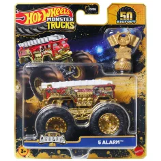 Hot Wheels Monster Trucks: 5 Alarm šampión malý automobil s trofejou 1/64 - Mattel