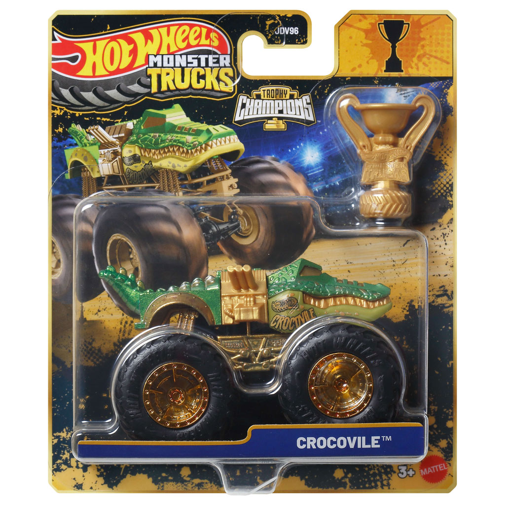 Hot Wheels Monster Trucks: Crocovile šampión monster autíčko s trofejou 1/64 - Mattel