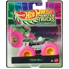 Hot Wheels Monster Trucks: Twin Mill neónovozelené autíčko svietiace v tme 1/64 – Mattel
